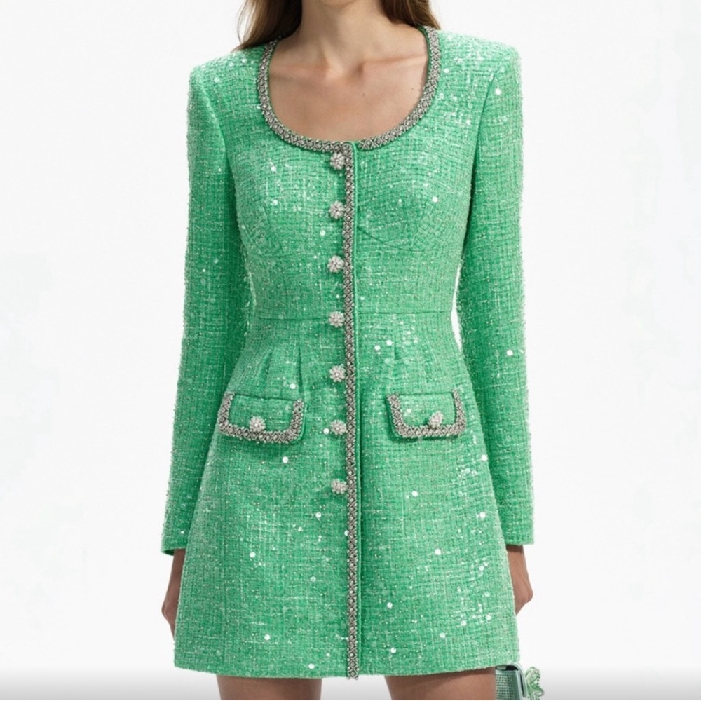 NWOT Self-Portrait Boucle sequined Tailored Mini Dress in green Women's size 10